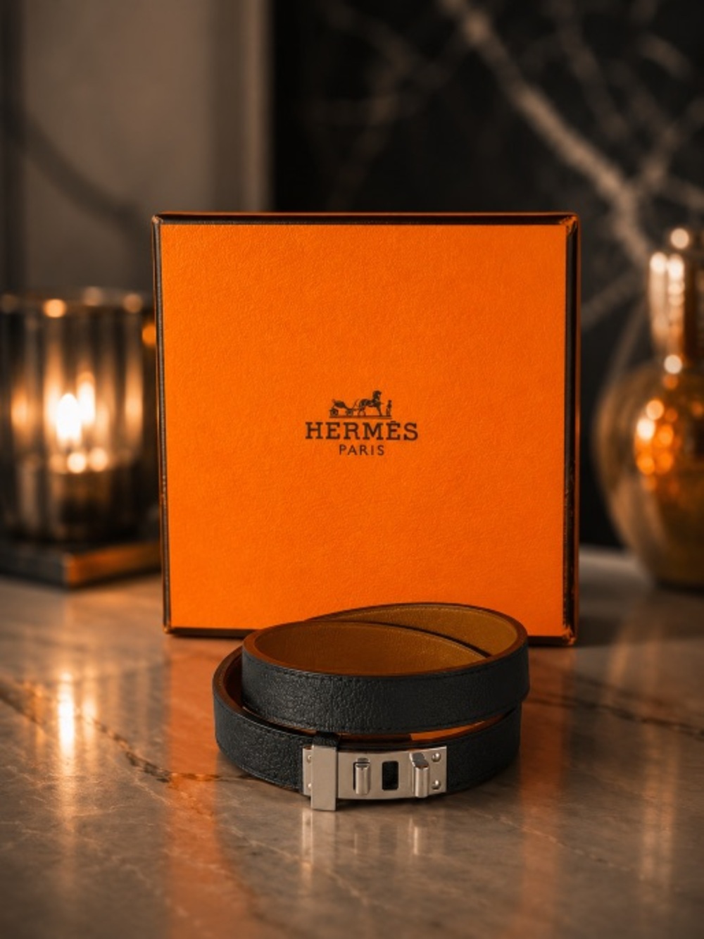 Hermes Black Mini Kelly Double Leather & Silver Hardware Bracelet | Full Set